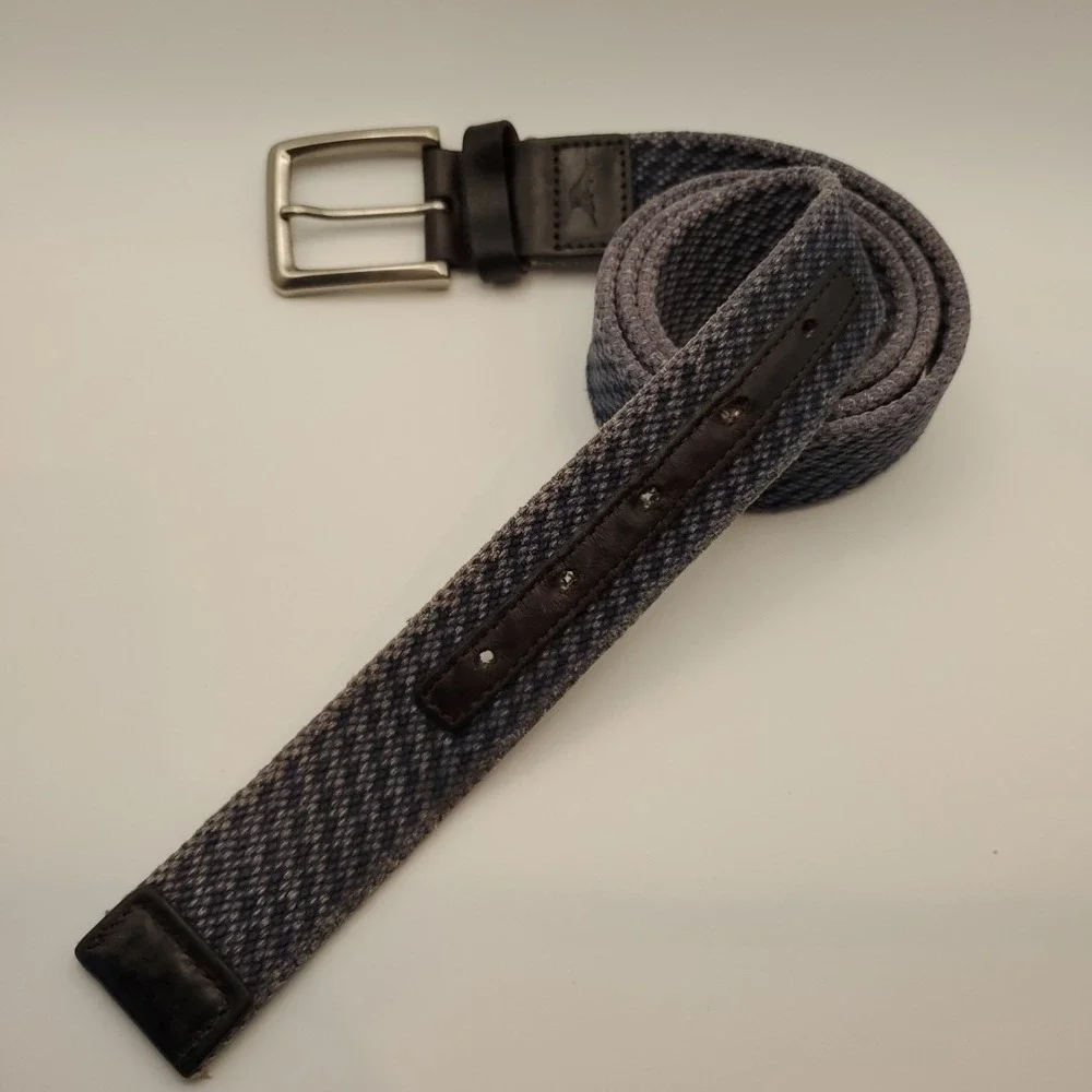Tommy Bahama Swordfish Blue Woven Belt 34 Genuine Leather Accents Trim Mens